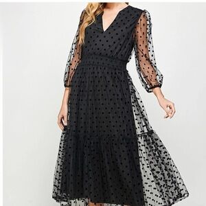 See and Be Seen Black Flocked Polka Dot Midi Dress
